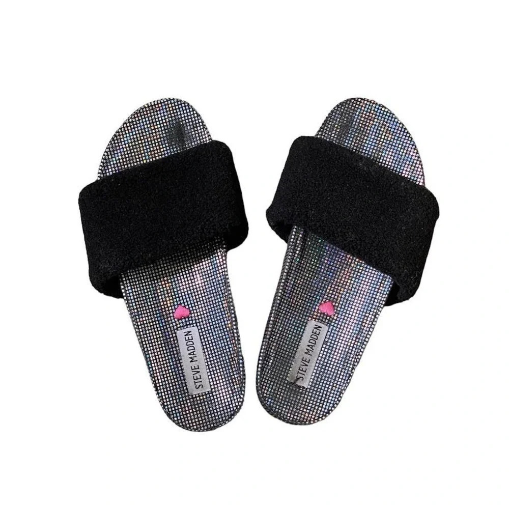 Steve Madden Womens Slides Black Faux Fur Size 5 Casual Summer Open Toe Sandals